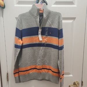 Tommy Hilfiger Men's Zip-Up Gray Sweater with Blue and Orange Stripes Large